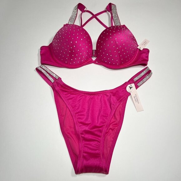 Victoria Secret 38C L Bombshell Push Up Bikini Top Set Shine Strap Berry Blush - Picture 2 of 12